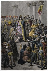 Hugh Capet zum König gewählt - Krönung von Hugues Capet (ca. 941-996), König von Frankreich, am 3. Juli 987 in Noyon, durch Adalberon (ca. 925-990), Erzbischof von Reims.