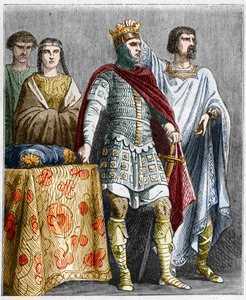 Hugo der Große (897-956) krönt Raoul oder Rudolf von Burgund (um 890-936), Herzog von Burgund und König von Frankreich. Gravur in „Histoire De France En Cent Tableaux“ von Paul Lehugeur 1891
