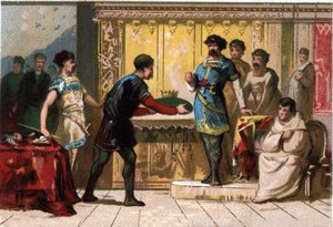 Hugo der Große (897-956) krönt Raoul oder Rudolf von Burgund (ca. 890 - 936), Herzog von Burgund und König von Frankreich. Chromolithographie aus dem späten 19. Jahrhundert
