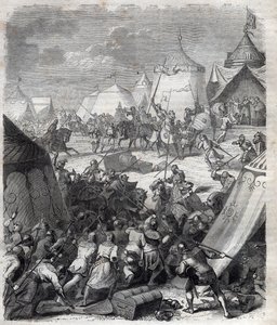 Hundertjähriger Krieg: Schlacht von Poitiers (1356). Gravur in „Geschichte der Päpste (...) Verbrechen der Königinnen, Könige und Kaiser durch die Jahrhunderte“ von Maurice Lachatre von French School
