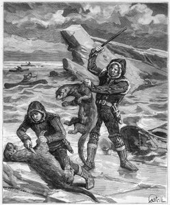Otterjäger in Alaska - Jäger der Alaska-Otter im Jahr 1888 - Gravur im „Journal des Voyages“ 1888 von French School