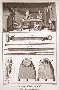 Jagd - Falknerei - Fütterung der Vögel - Gravur von Benard nach Goussier - „Die große Enzyklopädie, oder Wörterbuch der Wissenschaften, Künste und Berufe“ von Denis Diderot (1713