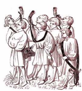 Jagdhornbläser (15. Jahrhundert) - Nachbildung einer Miniatur aus dem Manuskript von Gaston Phebus (1331-1391)
