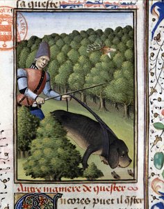 Jagdszene: ein Hund verfolgt den Hirsch (Spur) - in „Das Jagdbuch von Gaston Phoebus, Graf von Foix, Herr von Béarn“