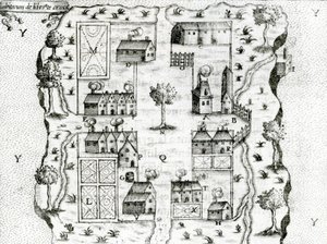 Île Ste. Croix, die früheste französische Siedlung in Akadien, 1604, aus den Reisen von Samuel de Champlain, 1613 von French School