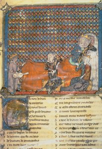 Illuminierte Seite aus einer Anthologie, von links nach rechts: Adenet le Roi, ein Minnesänger von Herzog Heinrich; Graf Guy von Flandern; Marie, Königin von Frankreich und Ehefrau von Philipp dem Kühnen; und Mada von French School