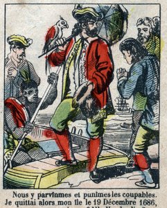 Illustration für das Buch von Daniel Defoe "Robinson Crusoe". Epinal imagery aus dem späten 19. Jahrhundert