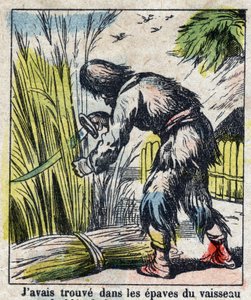 Illustration für das Buch von Daniel Defoe „Robinson Crusoe“. Epinal-Bild aus dem späten 19. Jahrhundert von French School