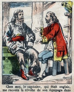 Illustration für das Buch von Daniel Defoe „Robinson Crusoe“. Epinal-Bild vom Ende des 19. Jahrhunderts von French School