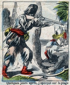 Illustration für das Buch von Daniel Defoe „Robinson Crusoe“. Epinal-Bild vom Ende des 19. Jahrhunderts