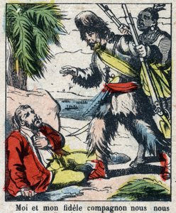 Illustration für das Buch von Daniel Defoe „Robinson Crusoe“. Epinal Imaging aus dem späten 19. Jahrhundert.