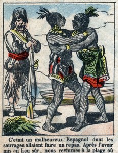 Illustration für das Buch von Daniel Defoe "Robinson Crusoe". Epinal-Bildgebung Ende des 19. Jahrhunderts.