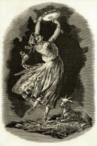 Illustration für „Notre-Dame de Paris“ von Victor Hugo: Esmeralda tanzt und spielt Tamburin neben ihrer Ziege, Anfang des 20. Jahrhunderts (Lithografie) von French School