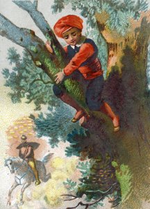 Illustration zu den Geschichten aus Tausendundeiner Nacht. Ali Baba sieht eine Gruppe von Dieben aus der Ferne in den Wald kommen und versteckt sich auf einem Baum
