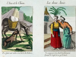 Illustration zu den Fabeln von Jean de la Fontaine (1621-1695): links „Der Esel und der Hund“, rechts „Die zwei Freunde“. Gravur des 19. Jahrhunderts. Musée La Fontaine, Château Thierry von French School