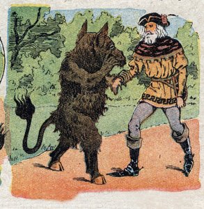 Illustration zum Märchen „Die Schöne und das Biest“: das Biest fragt den Kaufmann, der gerade eine Rose pflückt, nach seinem Leben oder dem eines seiner Töchter. Gravur von Quinn, um 1890.