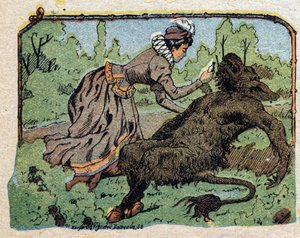 Illustration zum Märchen "Die Schöne und das Biest": die Schöne erweckt das Biest, das vor Schmerz ohnmächtig geworden ist, als sie den Heiratsantrag ablehnte. Gravur von Quinn imagery, ca. 1890