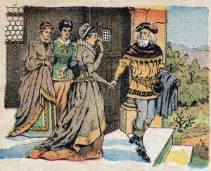 Illustration zum Märchen "Die Schöne und das Biest": der Kaufmann verabschiedet sich von seinen drei Töchtern und verspricht ihnen ein Geschenk bei seiner Rückkehr. Gravur von Quinn imagery, ca. 1890