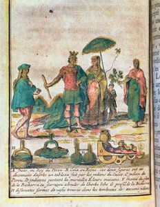 Illustration aus einer Geschichte Perus, die einen Inka-König und eine Königin mit indischen Begleitern und ein Diagramm einer Bicharra zeigt von French School