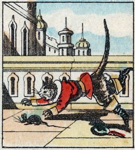 Illustration des Märchens „Der gestiefelte Kater“ von Charles Perrault. Holzstich aus Imaging Pellerin - Epinal, sp. 19. Jahrhundert.