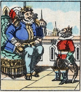 Illustration des Märchens „Der gestiefelte Kater“ von Charles Perrault. Holzstich von Imaging Pellerin - Epinal, Ende des 19. Jahrhunderts
