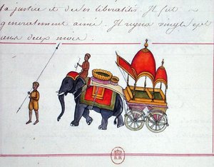 Illustration eines Elefanten, der einen Wagen zieht, frühes 19. Jahrhundert von French School