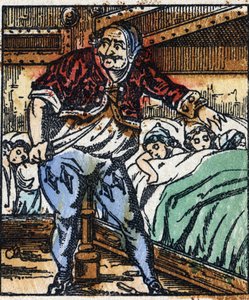 Illustration des Märchens „Der kleine Däumling“ von Charles Perrault. Holzstich aus Imaging Pellerin - Epinal, sp. 19. Jahrhundert. von French School