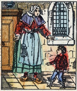 Illustration der Geschichte „Der kleine Däumling“ von Charles Perrault. Holzstich aus Imaging Pellerin - Epinal, sp. 19. Jahrhundert.