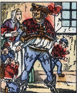 Illustration der Geschichte „Der kleine Däumling“ von Charles Perrault. Holzstich von Imaging Pellerin - Epinal, späte 19. Jahrhundert.