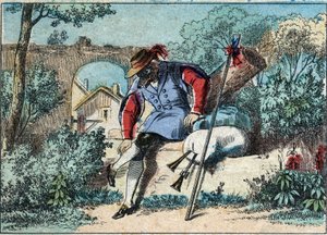 Illustration der Fabel von Jean de La Fontaine (1621-1695): Der Wolf wurde ein Schäfer. Epinal-Bild Ende des 19. Jahrhunderts. von French School