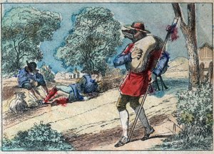 Illustration der Fabel von Jean de La Fontaine (1621-1695): Der Wolf wurde ein Schäfer. Epinal-Bild Ende des 19. Jahrhunderts.
