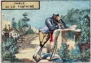 Illustration der Fabel von Jean de La Fontaine: Der Wolf wurde ein Schäfer. Epinal-Bildgebung Ende des 19. Jahrhunderts.