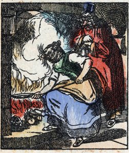 Illustration der Geschichte „Raminagrobis und die Mäuse“. Holzstich von Imaging Pellerin - Epinal, späte 19. Jahrhundert.