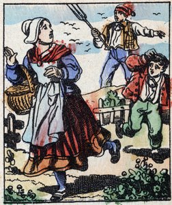 Illustration der Geschichte „Die Gabel des Teufels“. Holzstich aus Imaging Pellerin - Epinal, sp. 19. Jahrhundert.