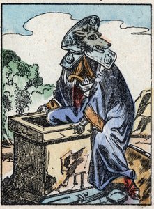 Illustration des Märchens „Der Wolf, die Ziege und die sieben Geißlein“ Holzgravur von Imaging Pellerin - Epinal, sp. 19. Jahrhundert.