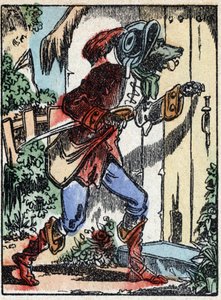 Illustration des Märchens „Der Wolf, die Ziege und die sieben Geißlein“ Holzgravur von Imaging Pellerin - Epinal, sp. 19. Jahrhundert.