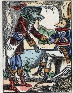 Illustration des Märchens „Der Wolf, die Ziege und die sieben Geißlein“. Holzstich von Imaging Pellerin - Epinal, sp. 19. Jahrhundert.
