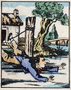 Illustration des Märchens „Wahrhaftige Geschichte von Jeannot Serinet“. Holzgravur von Imagery Pellerin - Epinal, sp. 19. Jahrhundert.