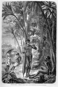 Illustration veröffentlicht in der Ausgabe von 1862 von „Le Tour du monde“, die einen Dayak-Bewohner der Insel Borneo darstellt. Gravur. von French School