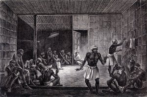 Illustration veröffentlicht in der Ausgabe von 1862 von „Le Tour du monde“, die eine Exorzismussitzung zeigt, die von den Dayaks auf der Insel Borneo praktiziert wird. Gravur