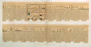 Illustrationen eines Pampus-Manuskripts mit Hieroglyphen, Hypogäen, Theben, Platte 75 aus Band II von Beschreibungen von Ägypten, graviert von Willemin, veröffentlicht 1822