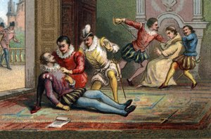 Im Jahr 1589 ermordete der Mönch Jacques Clement König Heinrich III. mit einem Dolchstoß, nachdem er ihn einen Brief lesen ließ. Der König starb in den Armen von Heinrich von Navarra. Chromolithographie um 1890