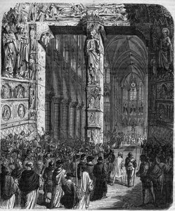 In Canossa, Kaiser Heinrich IV. des Heiligen Römischen Reiches (1050 - 1106) in Büßergewand bittet Papst Gregor VII. (Hildebrand: 1015/20 - 1085) um Vergebung. Aus „Crimes of the Queen King and Emperors through the centuries“ von Mauri von French School