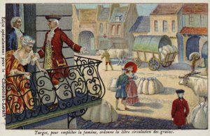 Um Hungersnot zu verhindern, ordnet Anne-Robert-Jacques Turgot die kostenlose Verteilung von Getreide an, Frankreich, um 1770 von French School