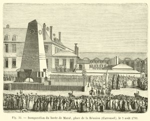 Einweihung der Büste von Marat, Place de la Réunion, Carrousel, am 2. August 1793 von French School