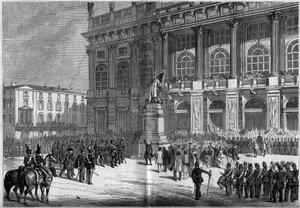 Einweihung des sardischen Denkmals von Vincenzo Vela (1820-1891) auf dem Schlossplatz in Turin (Italien) am 10. April 1859. Hinter der Statue befindet sich der „Palazzo Madama“. Basierend auf den Skizzen von Herrn Ferry. Gravur in „Le Monde Illustré“ Nr. 1