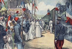 Einweihung der Eisenbahnverbindung von Thies nach Kayes im Senegal, Anfang des 20. Jahrhunderts von French School