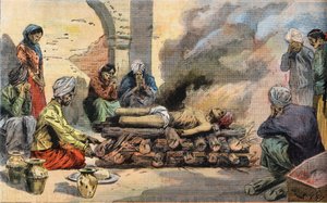 Einäscherung eines Hindus in Tunis, Tunesien, aus der Zeitung „Le Petit Parisien“