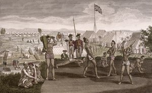Indische Krieger beim Üben mit Blick auf das Lager des englischen Residenten, um 1810 von French School