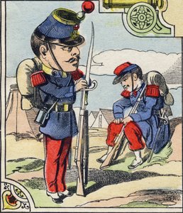 Linieninfanterie. Gravur im „Komischen Militäralphabet“. Fünfte Serie. Epinaler Bildgebung. Pellerin und Cie, Drucker, Epinal, Ende des 19. Jahrhunderts. 16 Seiten